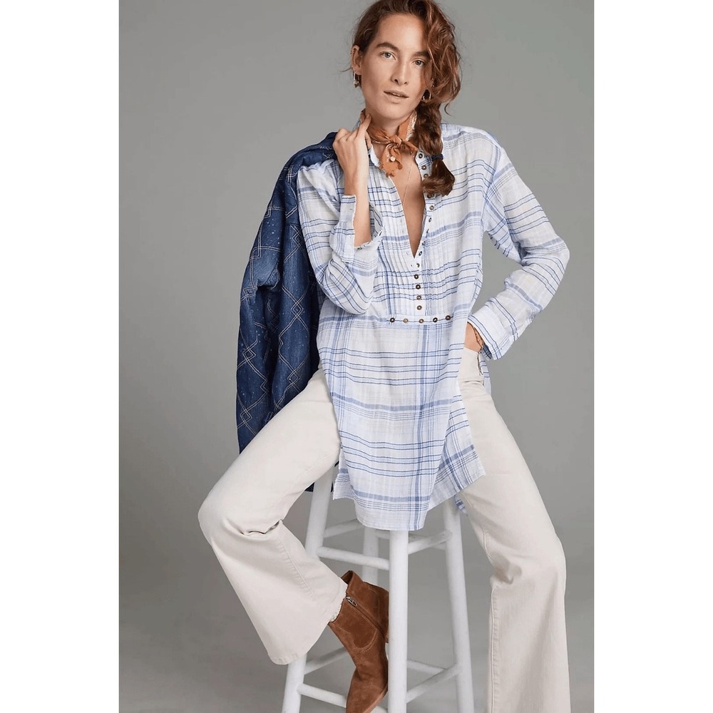 Anthropologie Pilcro Blue White Plaid Cotton Lightweight Tunic Top XS
